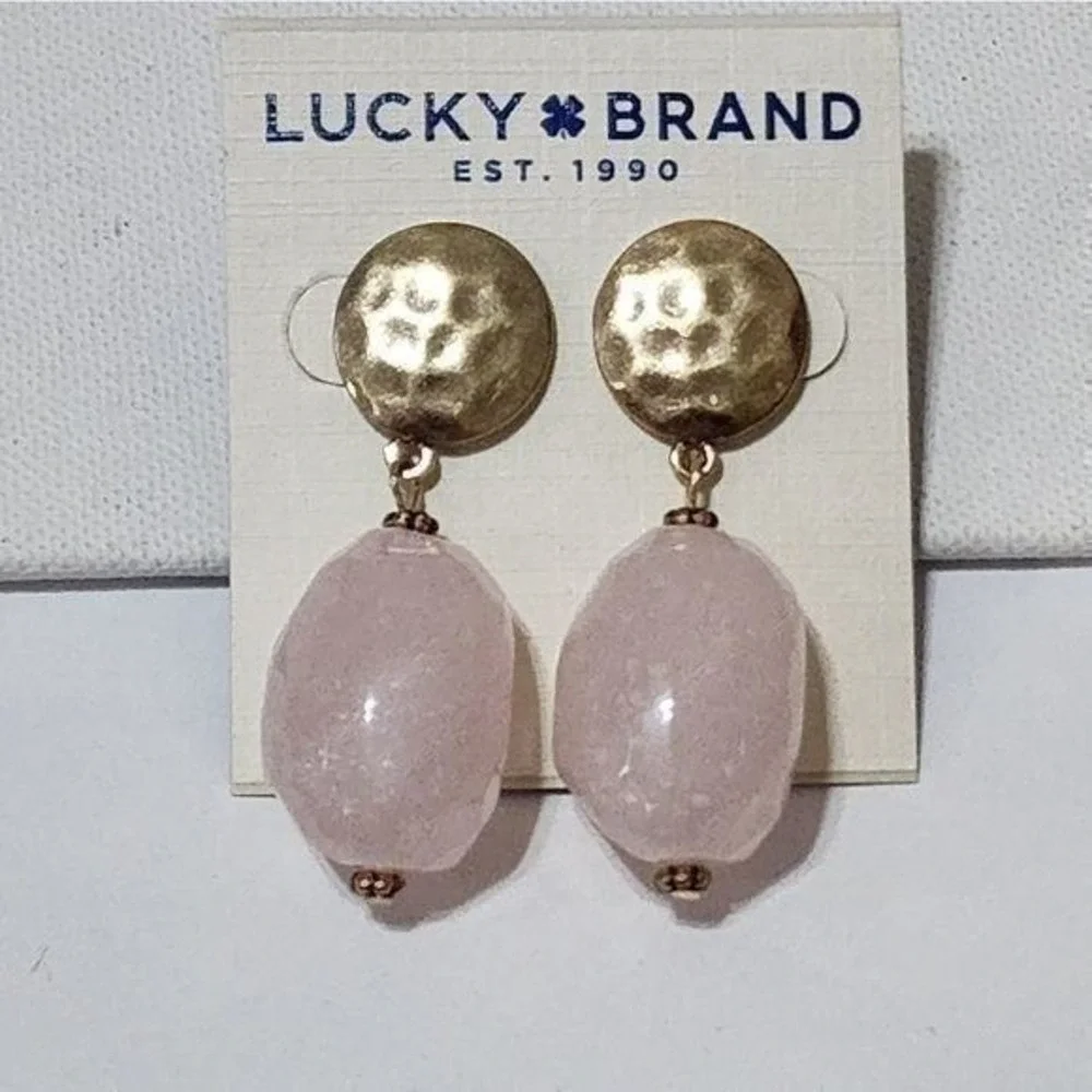 Lucky Brand Pink‎ Stone Hammered Gold Tone Drop Earrings Rose Quartz Boho Post